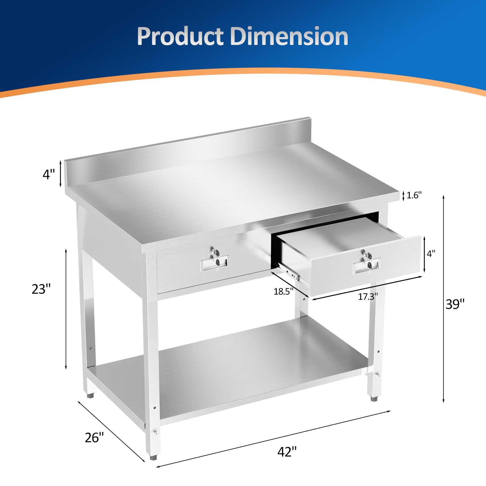 ROVSUN 42" x 26" Stainless Steel Work Table with 2 Drawers