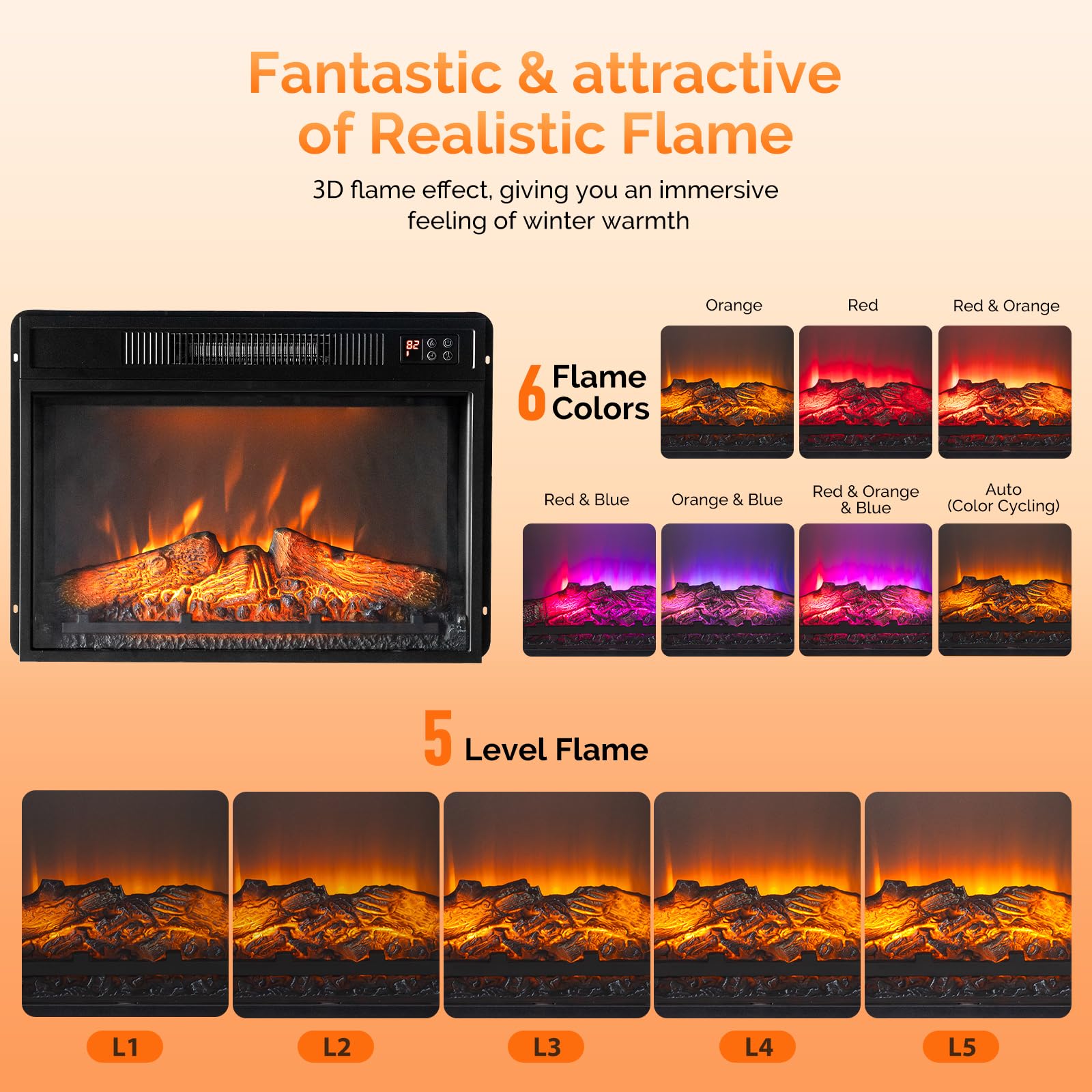 ROVSUN 23'' 1400W 120V Electric Fireplace Inserts with APP & Remote