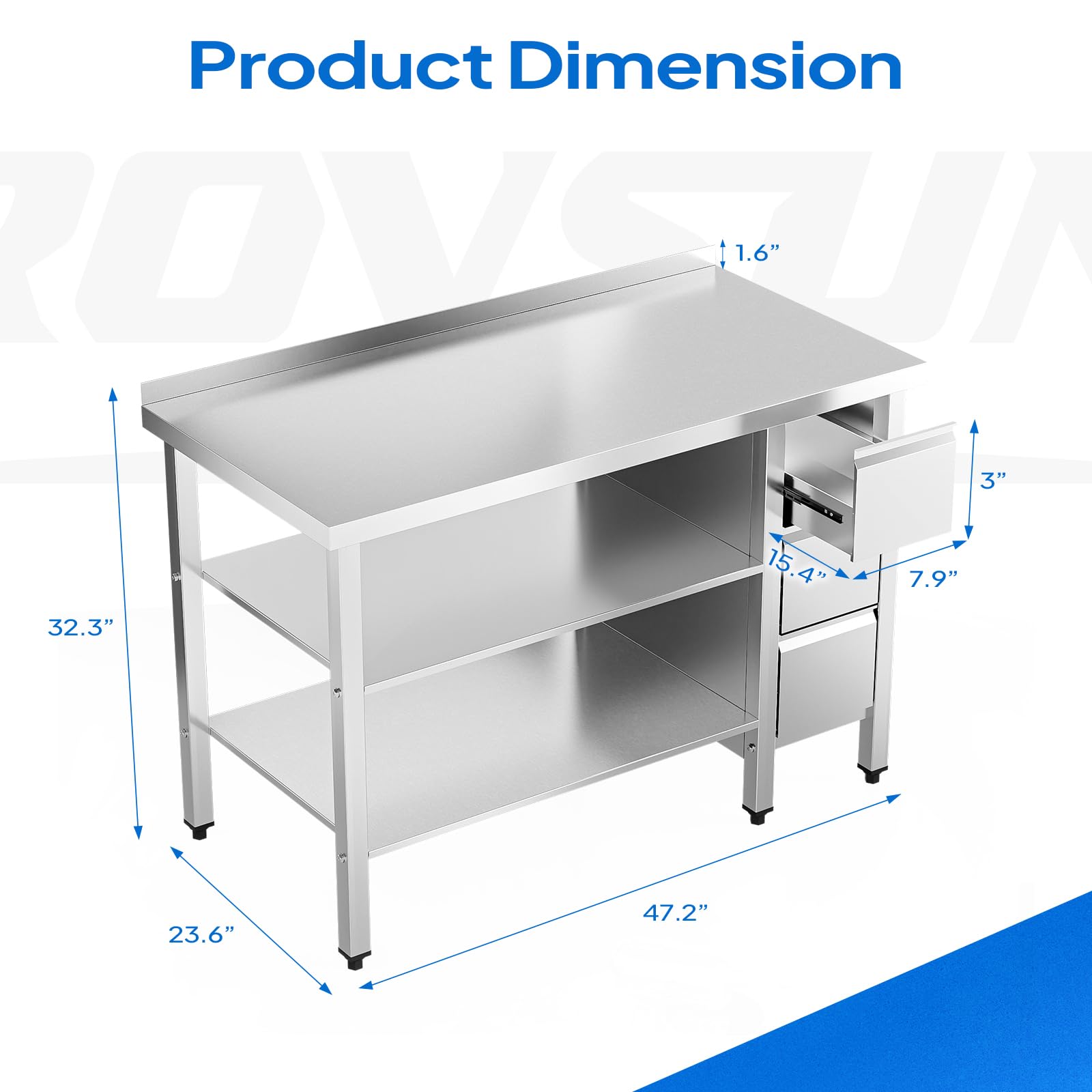ROVSUN 48" x 24" Stainless Steel Kitchen Work Table with 3 Drawers