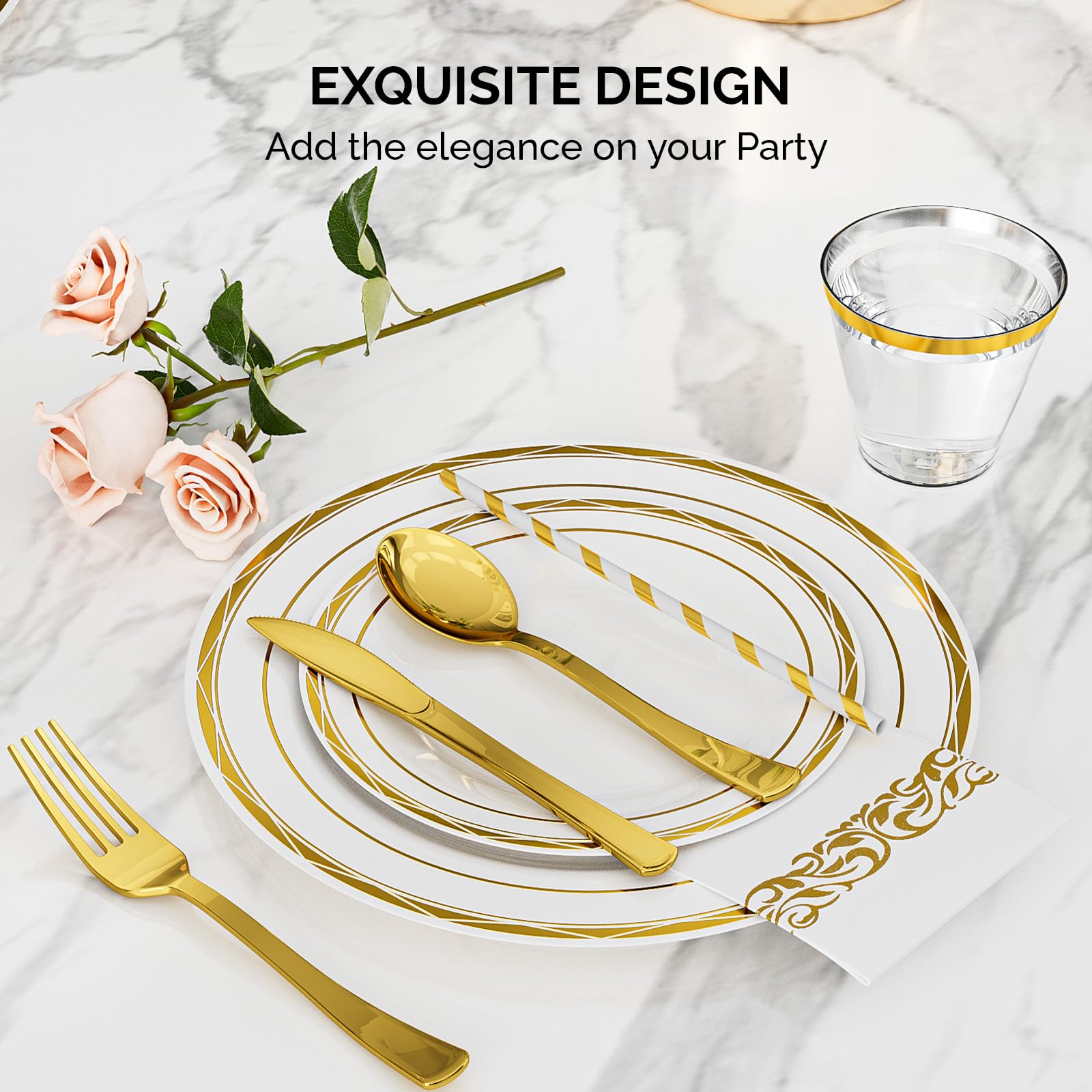 ROVSUN 800 Pieces Disposable Plastic Dinnerware Set Gold