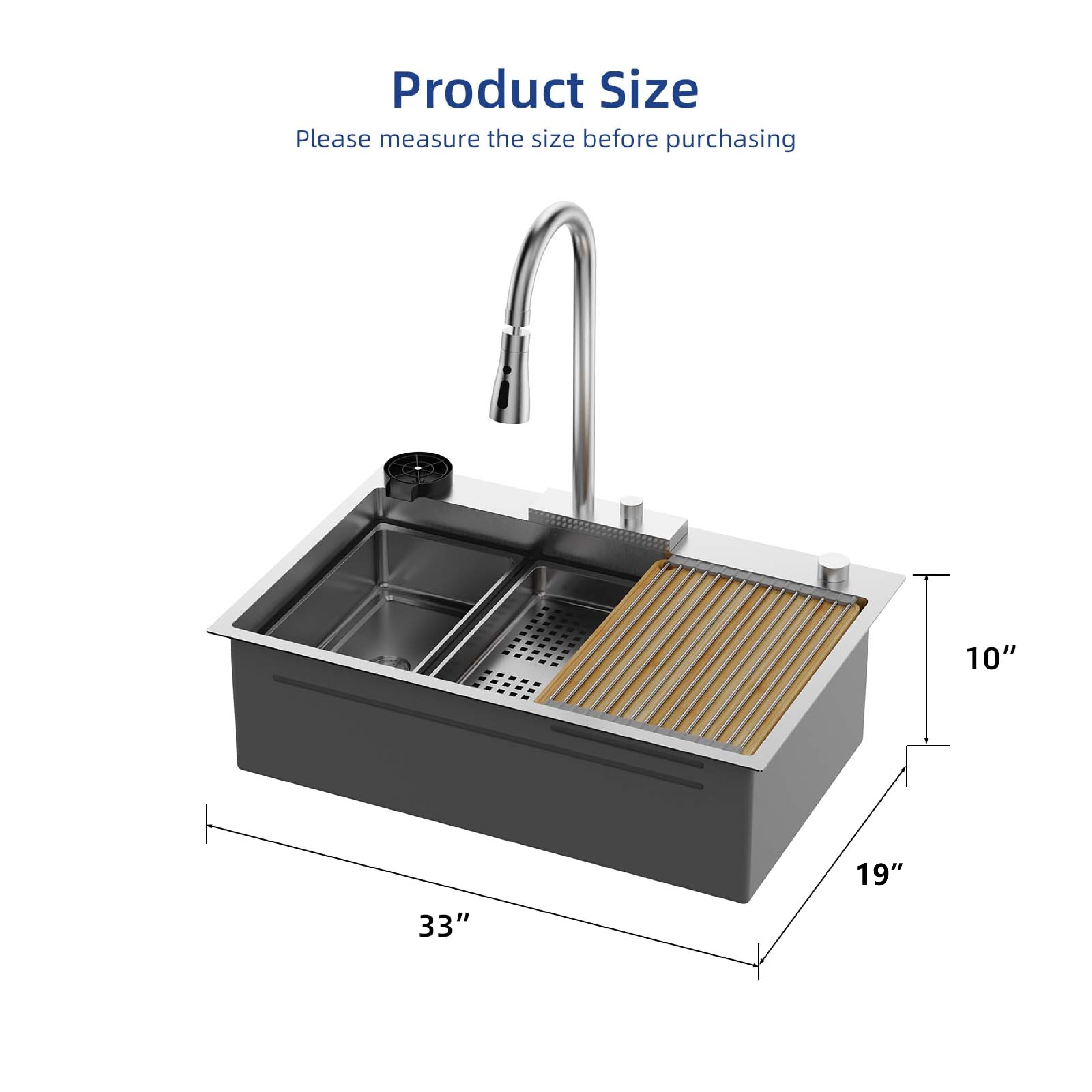 ROVSUN 33" x 19" Drop-in Waterfall Kitchen Sink with Left Drain Silver