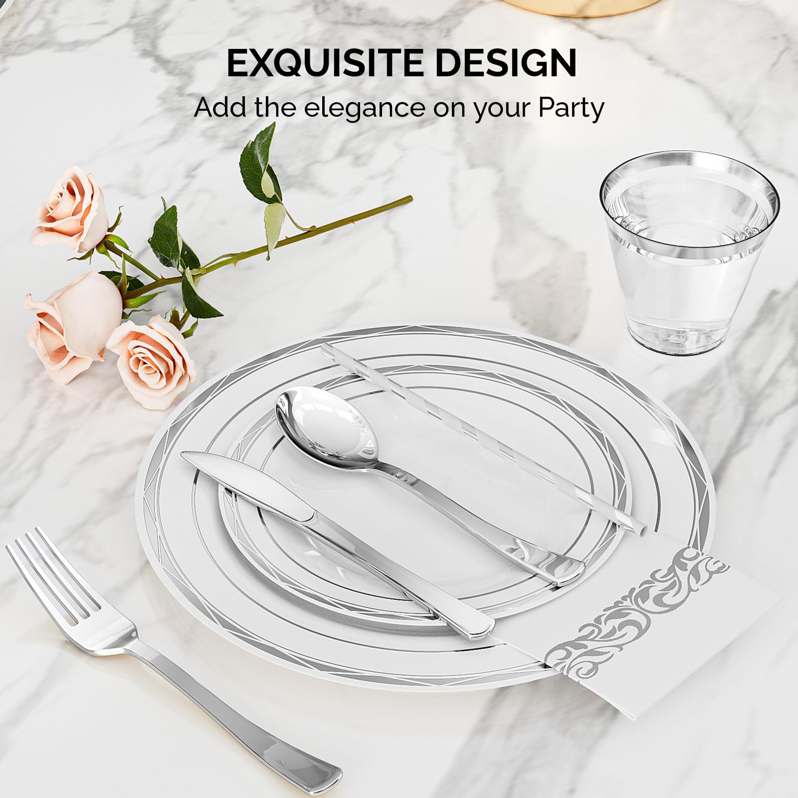 ROVSUN 800 Pieces Disposable Plastic Dinnerware Set Silver