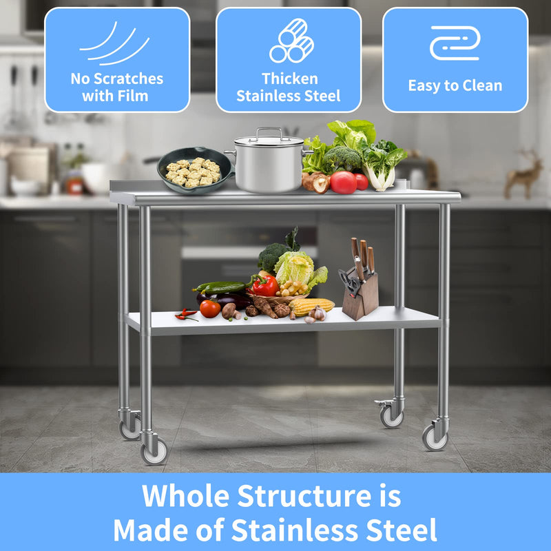 ROVSUN 72 x 24 Inches Kitchen Stainless Steel Table Heavy Duty Prep Work Table with Caster & Backsplash & Undershelf