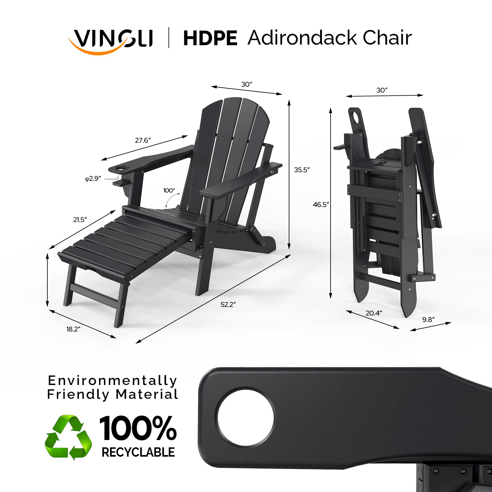 Plastic Folding HDPE Adirondack Chairs with Retractable Footrest Black