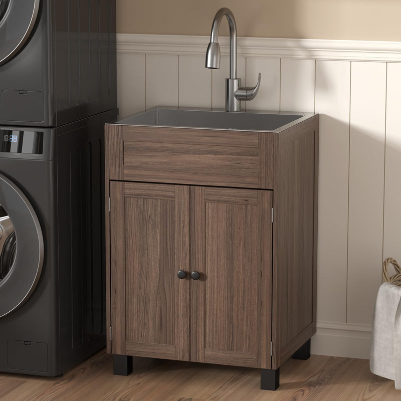 ROVSUN 24 Inch Kitchen Utility Sink with Cabinet Combo for Laundry Room Brown