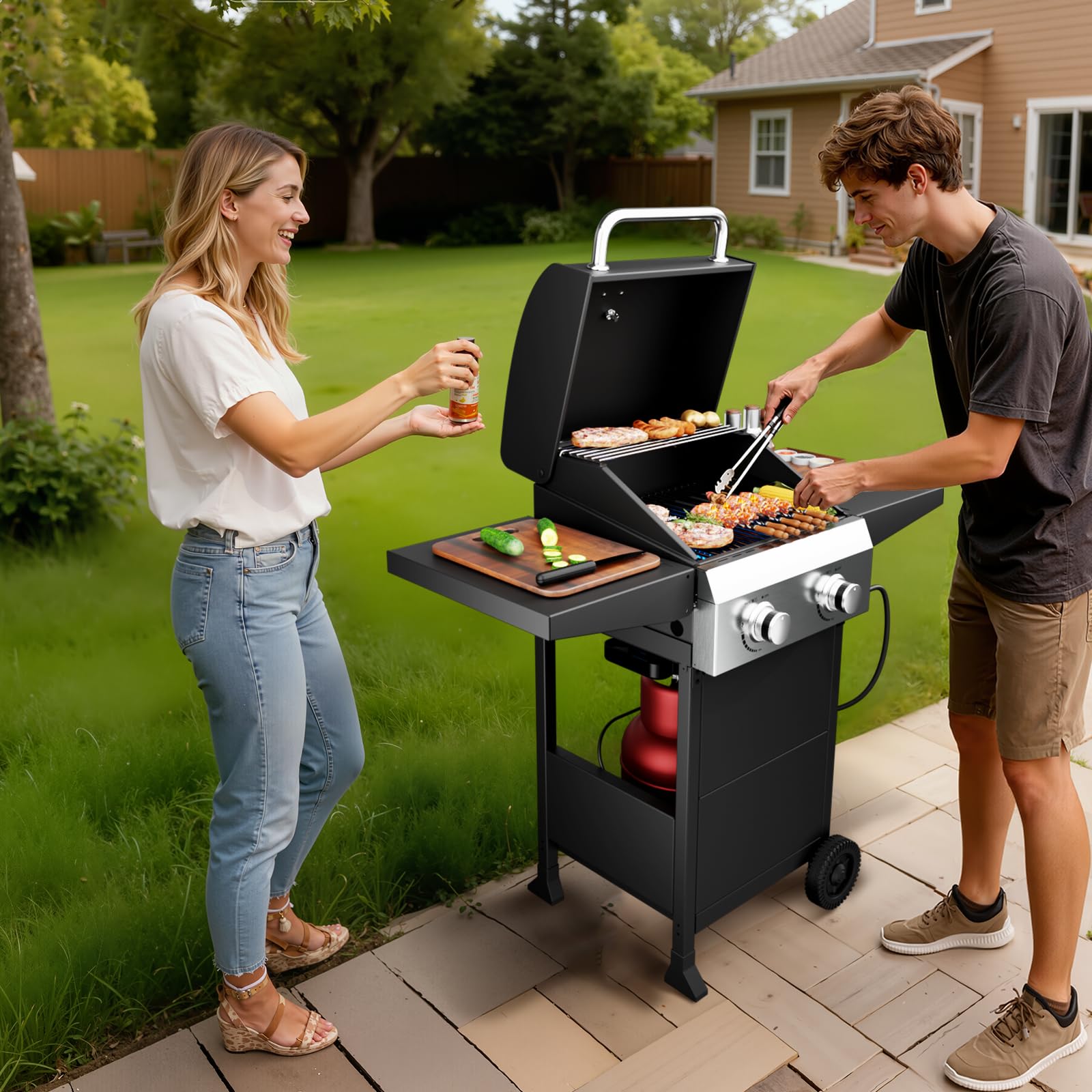 ROVSUN 2-Burner 24,000 BTU Propane Grill with Foldable Side Tables & Wheels