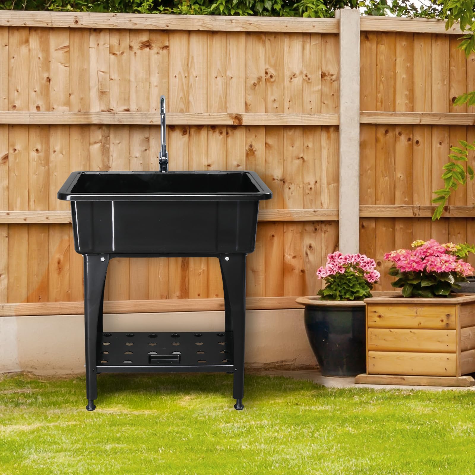 ROVSUN 32" x 22" Utility Sink Laundry Tub with Hot & Cold Faucet Black