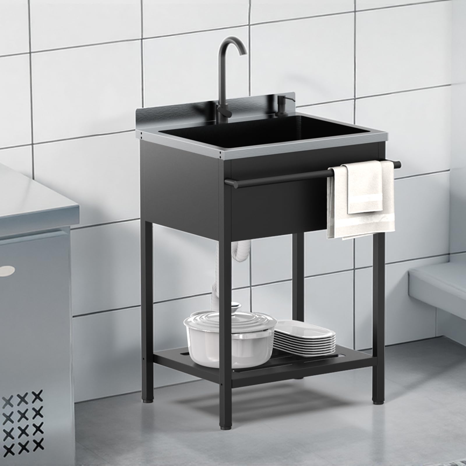 ROVSUN 26" x 21" Stainless Steel Utility Sink with Towel Rack