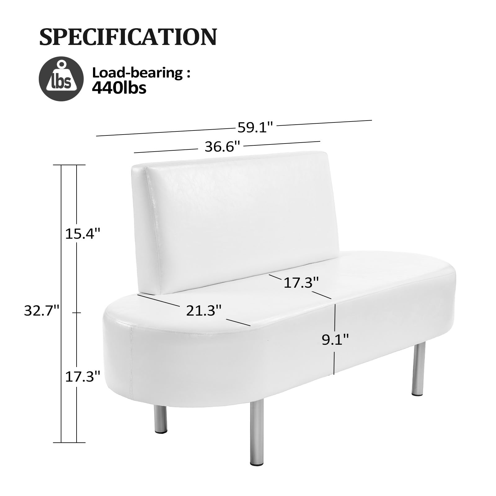 59.1" Waiting Chair Bench Seating Faux Leather with Backrest White