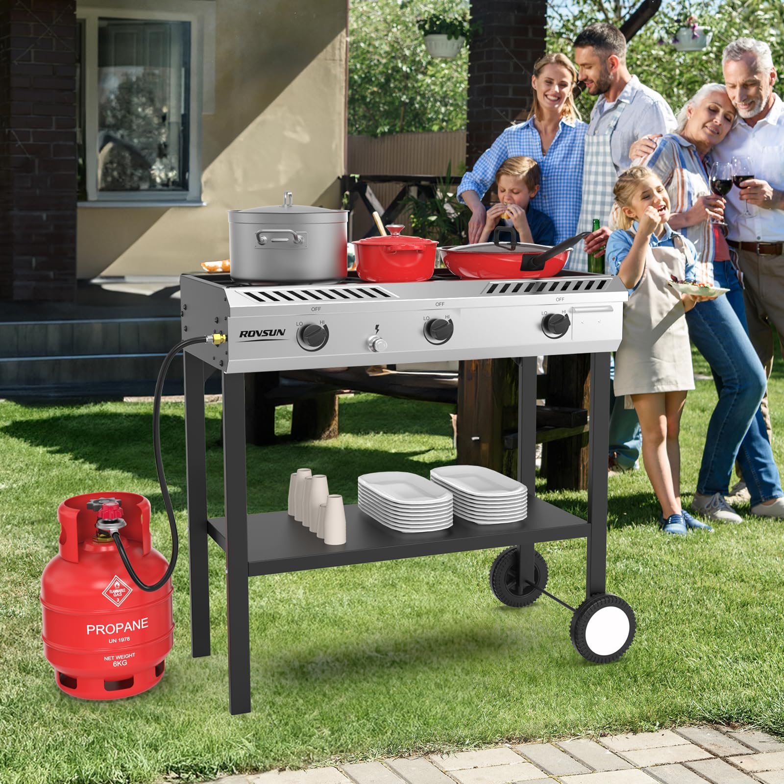 ROVSUN 3 Burner 225,000 BTU Outdoor Gas Propane Stove with Wheels