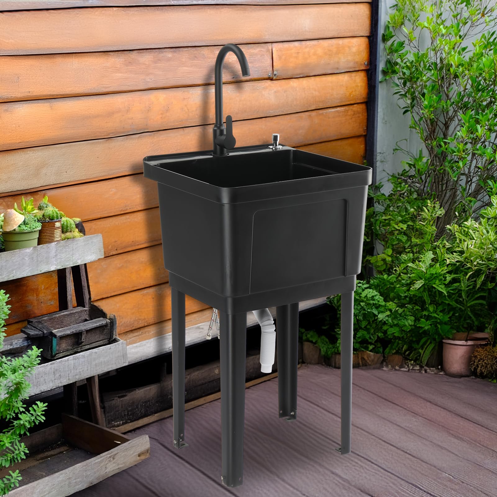 ROVSUN 20" X 19" Plastic Utility Sink Freestanding with Faucet Black