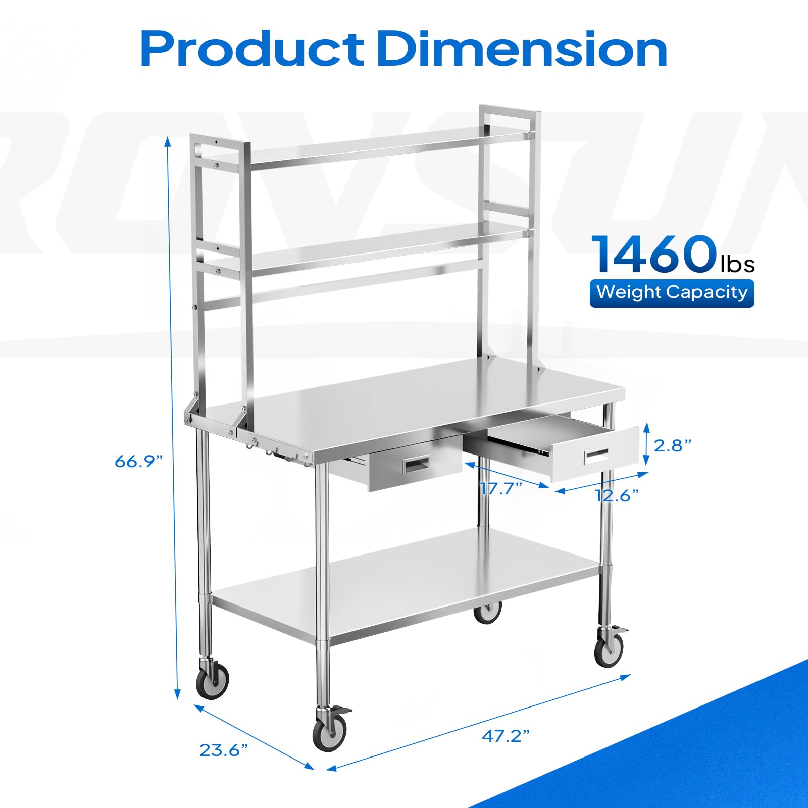 ROVSUN 48" X 24" Stainless Steel Table with Wheels & Drawers