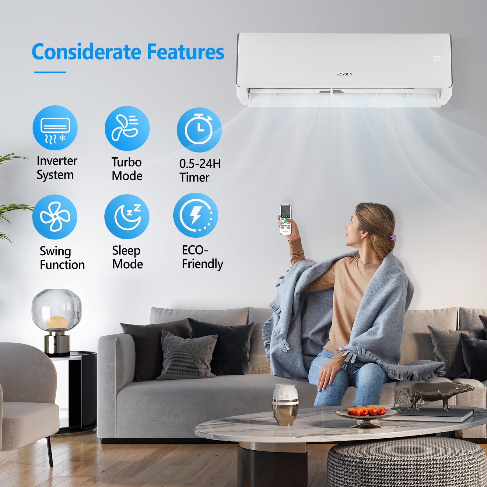 Mini Split Ac ROVSUN 11500 BTU WiFi /Heater 17 SEER2, Quiet