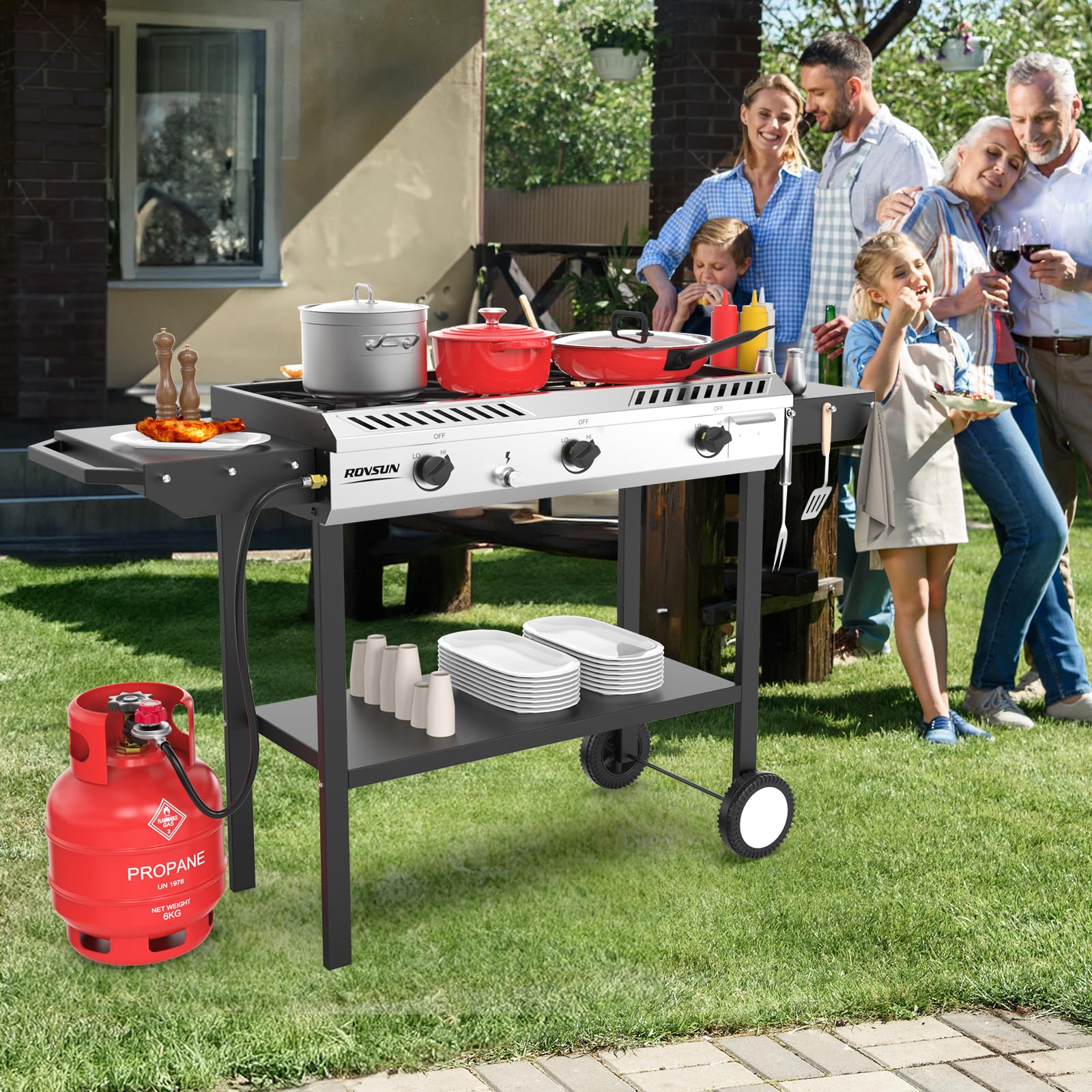 ROVSUN 3 Burner 225,000 BTU Outdoor Gas Propane Stove with Side Shelves & Wheels