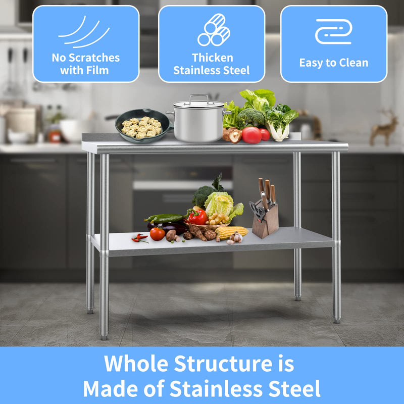 ROVSUN 30 x 24 Inches Kitchen Stainless Steel Table Heavy Duty Prep Work Metal Table with Adjustable Undershelf & Backsplash
