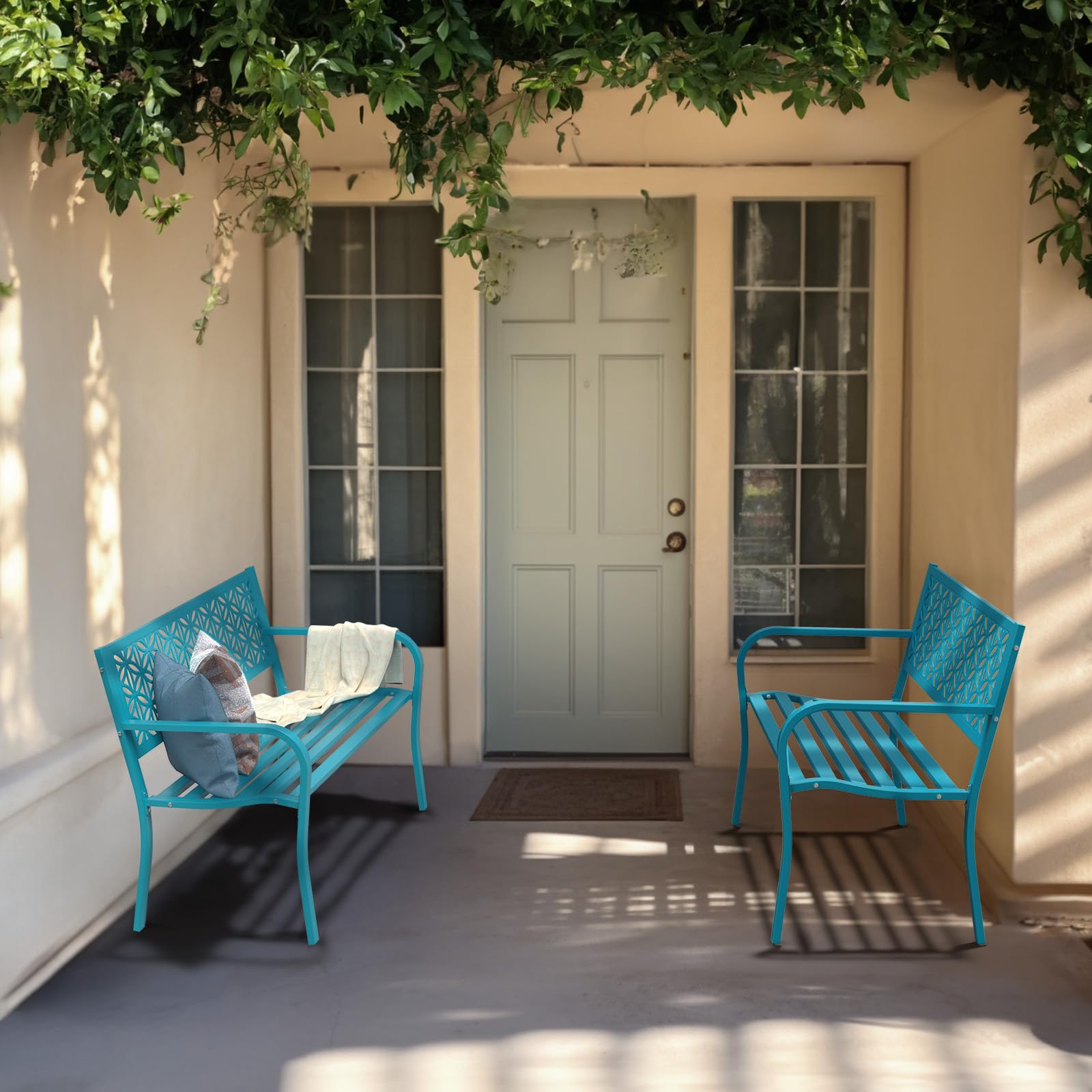 50" Outdoor Bench Metal with Floral Back Blue