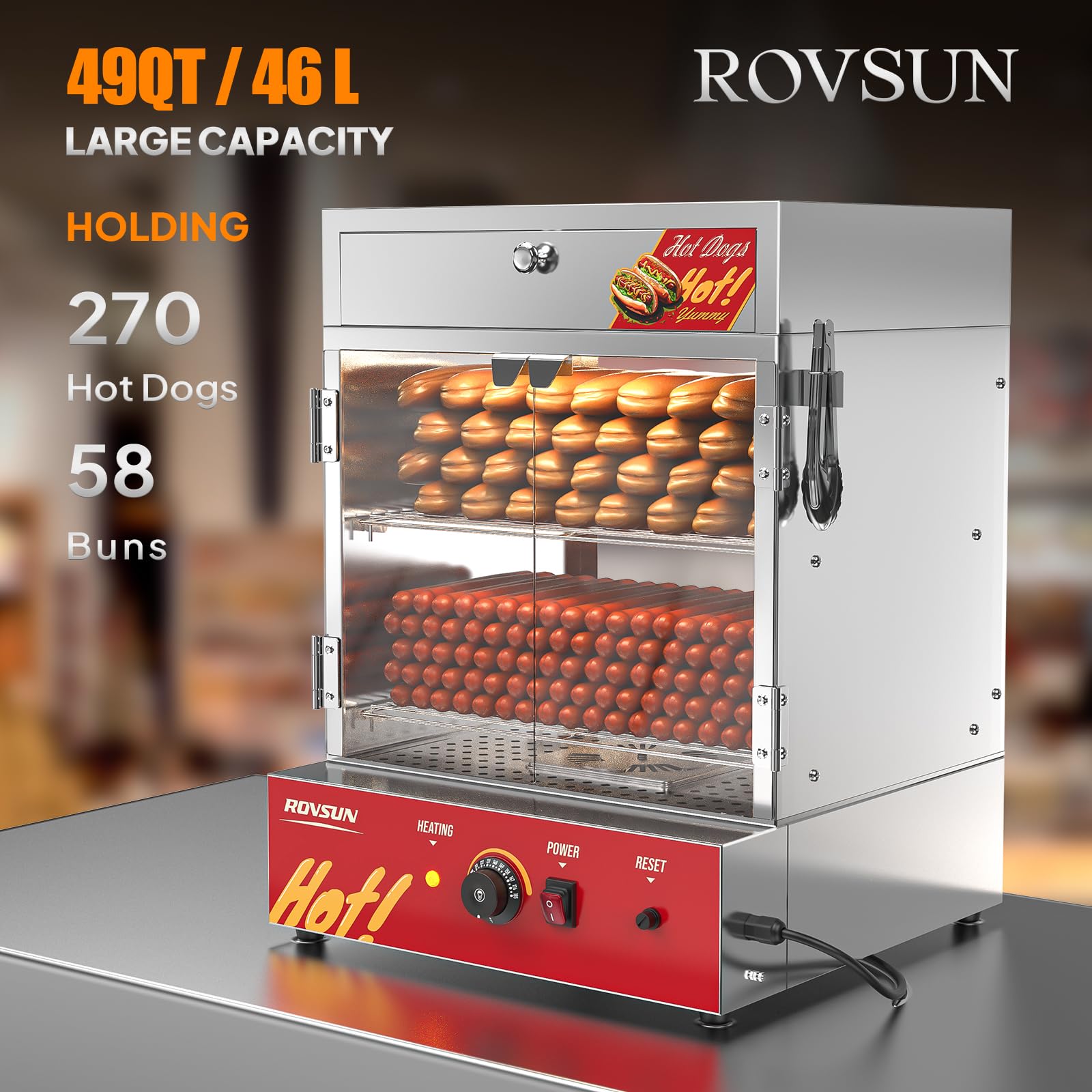 ROVSUN 49 QT 270 Hot Dogs / 58 Buns Hot Dog Steamer ROVSUN 49 QT 270 Hot Dogs / 58 Buns Hot Dog Steamer