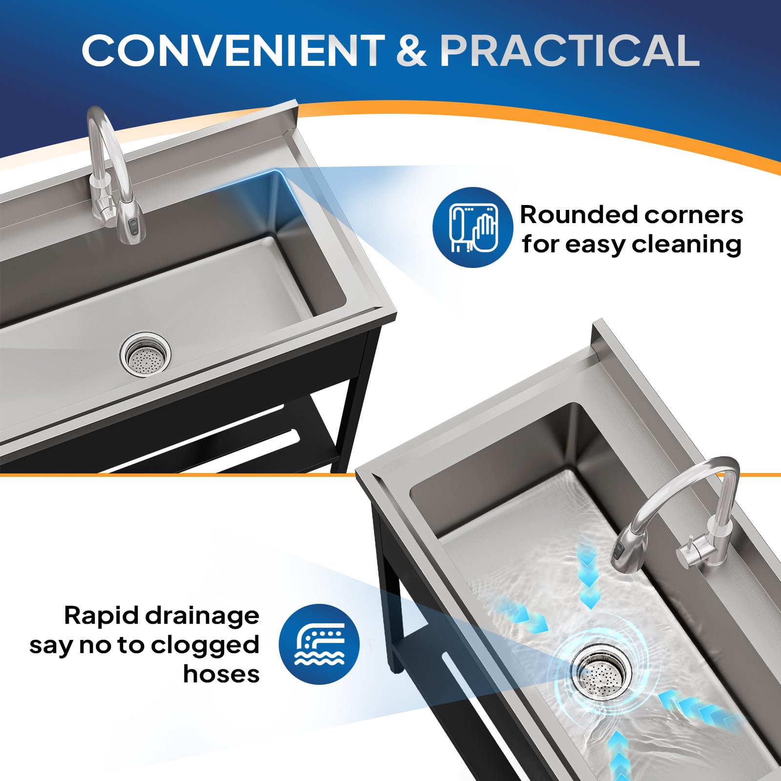 ROVSUN 36" x 20" Stainless Steel Utility Sink with Faucet & Draining Rack
