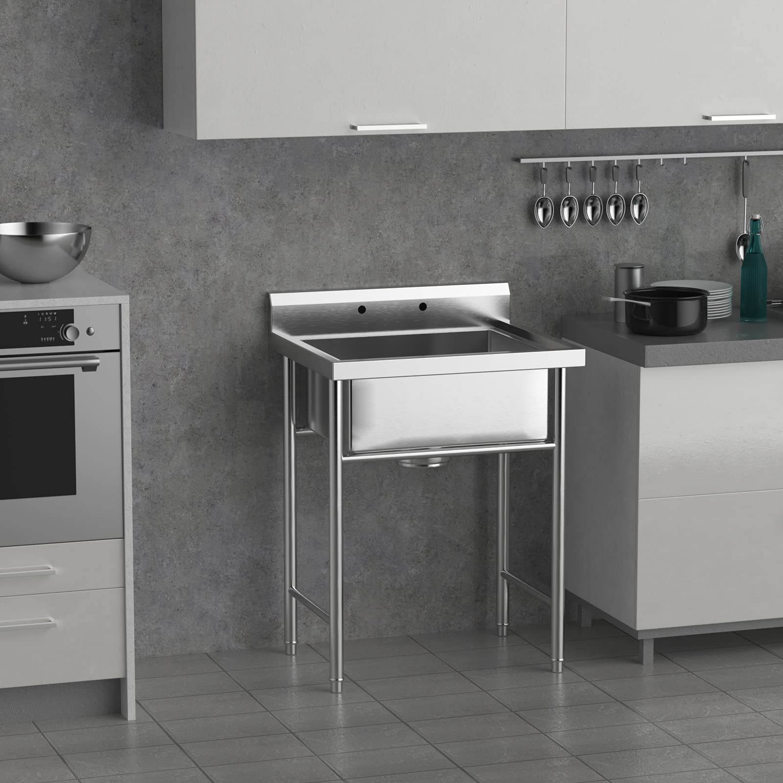 ROVSUN 28" x 24" 1 Compartment 304 Stainless Steel Sink with Backsplash