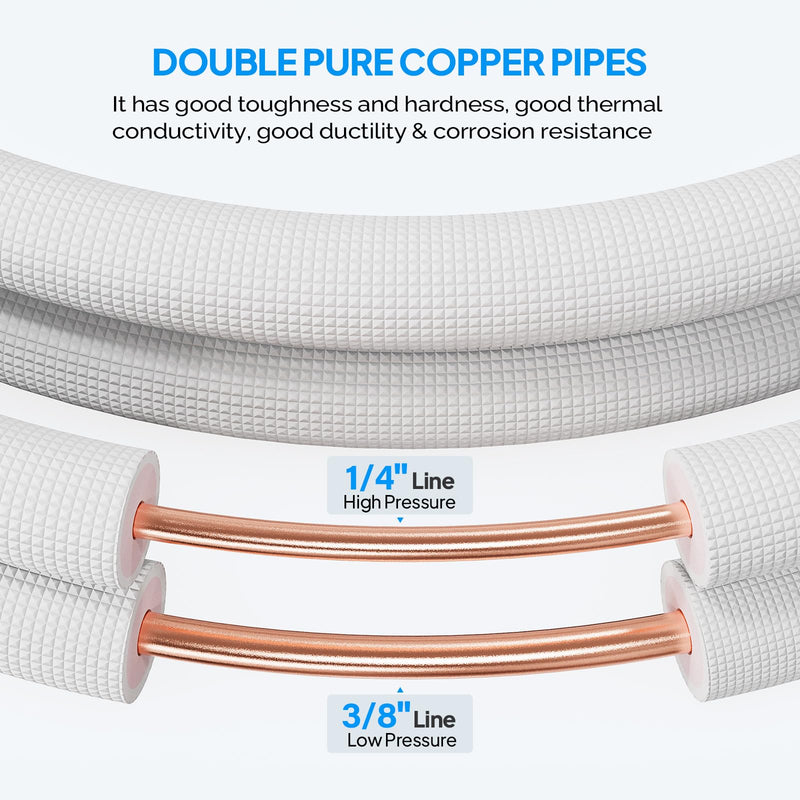 ROVSUN 25 Ft 1/4" & 3/8" O.D. Flared Copper Tubing Pipes and 3/8" Thickened PE Insulated Coil with Nuts & Kit