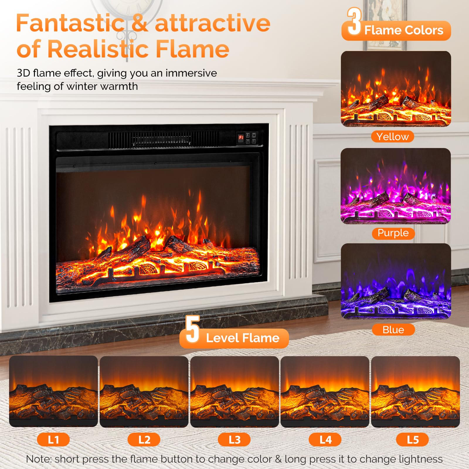 ROVSUN 26'' 1500W 120V Electric Fireplace Inserts with APP & Remote