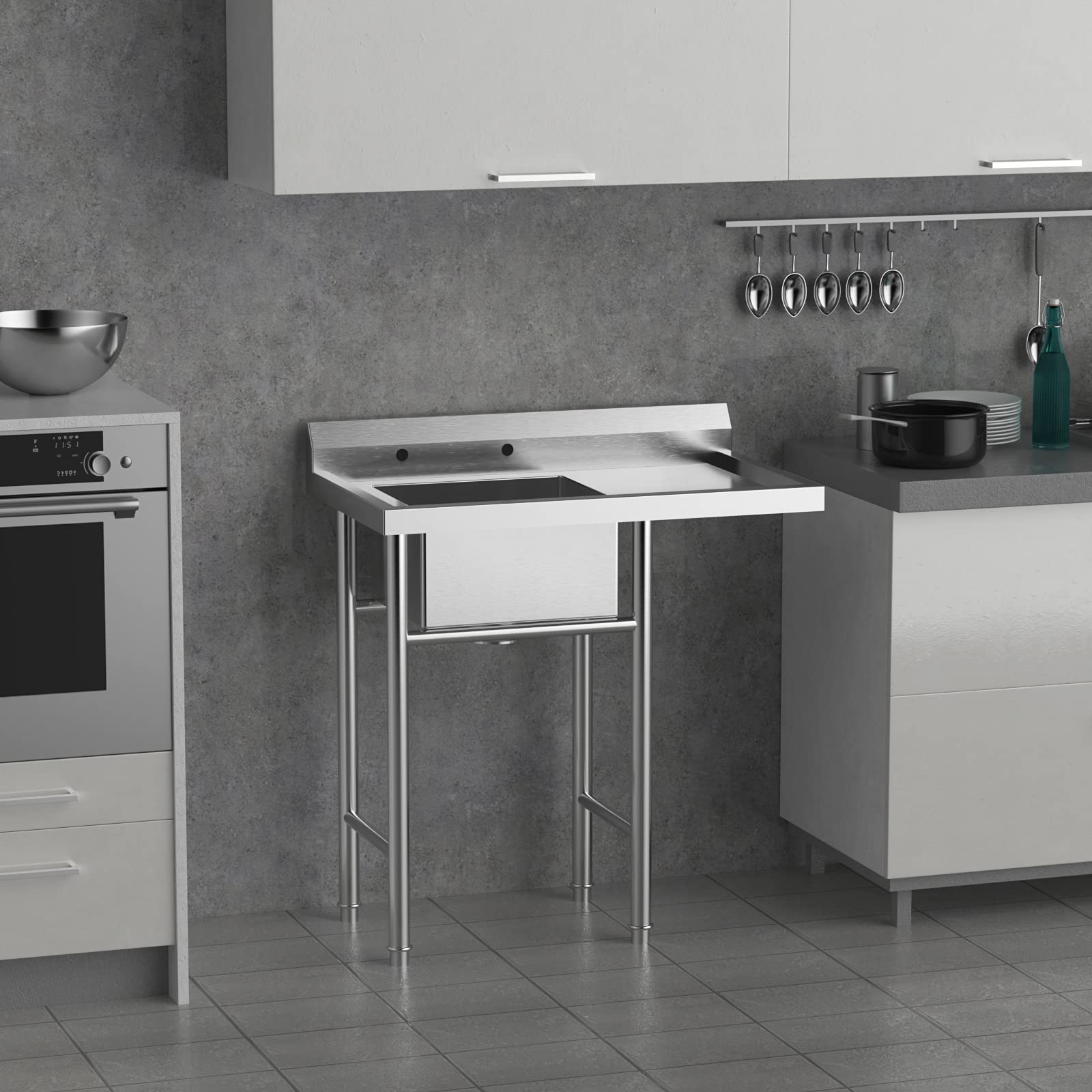 ROVSUN 36" x 21" 1 Compartment 304 Stainless Steel Sink with Right Drainboard