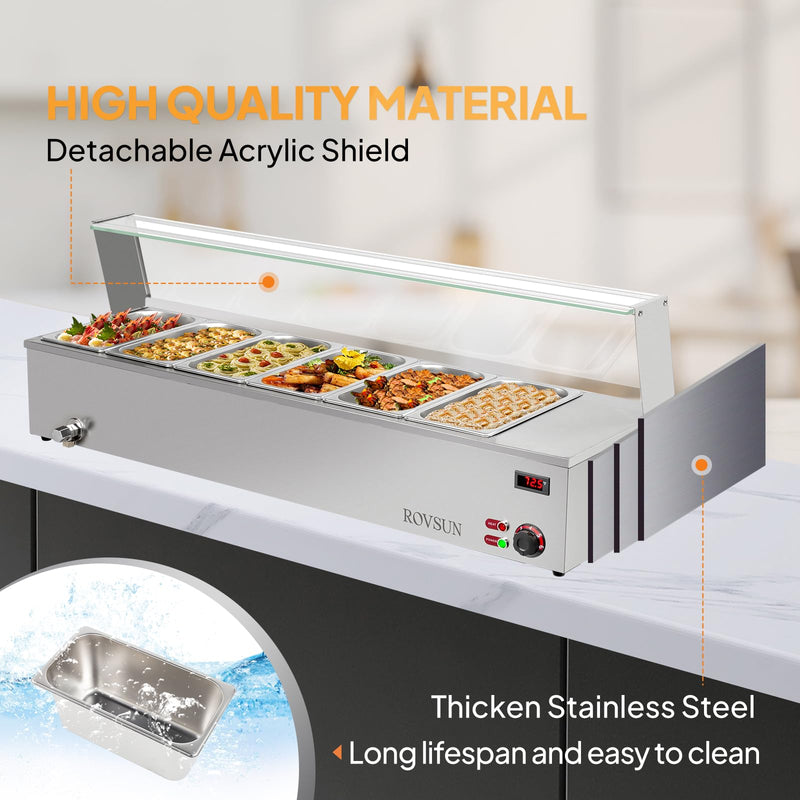 ROVSUN 48QT 1500W 110V 6-Pan Electric Commercial Food Warmer Steam Table Countertop