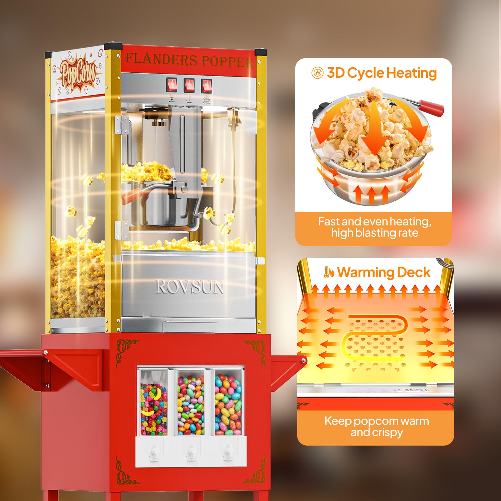 ROVSUN 10 oz Kettle 800W 120V Popcorn Machine Cart with Candy Dispenser Red