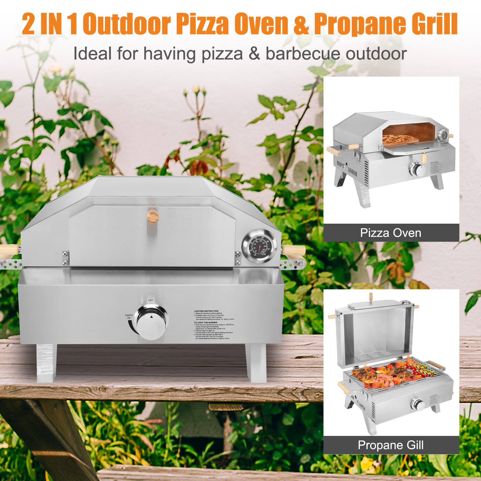 ROVSUN 12,000 BTU 2 In 1 Portable Propane Grill & Pizza Oven in Stainless Steel