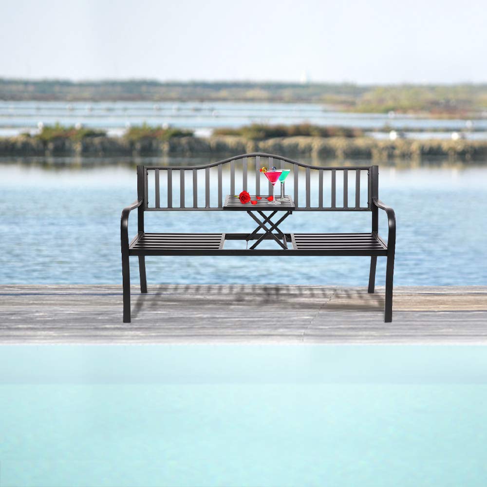 59" Outdoor Bench Metal with Built in Table
