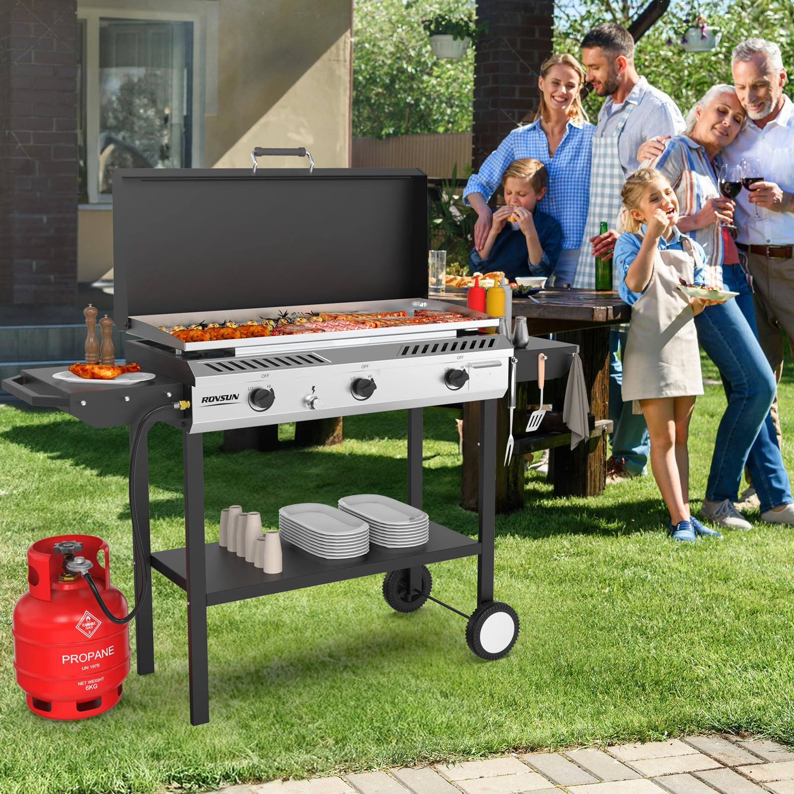 ROVSUN 3 Burner 225,000 BTU Outdoor Gas Propane Stove with Griddle, Side Shelves & Wheels