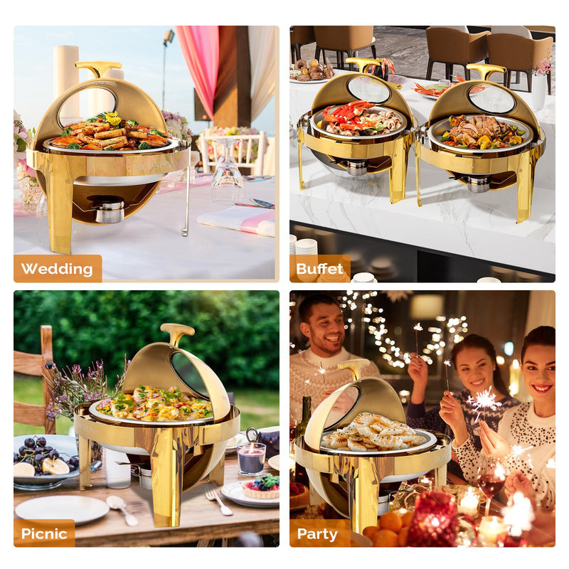 ROVSUN 6 QT Round Roll Top Chafing Dish Buffet Set Gold Chafer with Glass Window