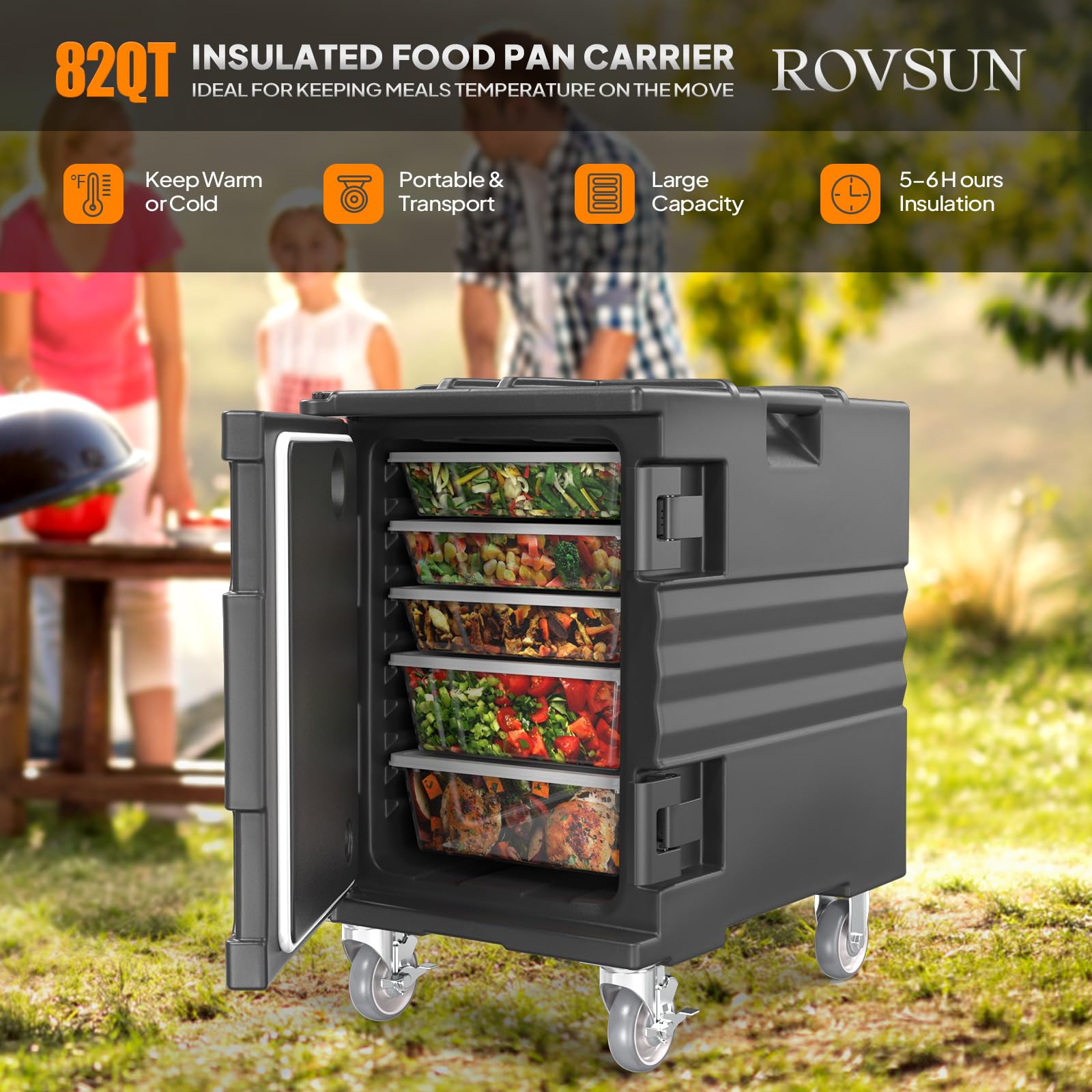 ROVSUN 82 QT Insulated Food Pan Carrier with Lockable Wheels Black