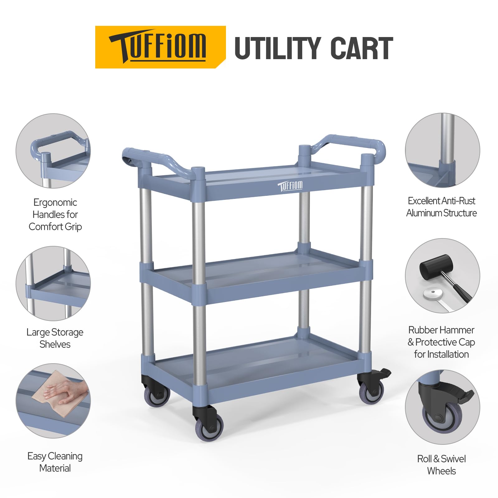 3-Tier 35" x 17" 390 lb. Capacity Plastic Utility Cart/Bussing Cart Grey