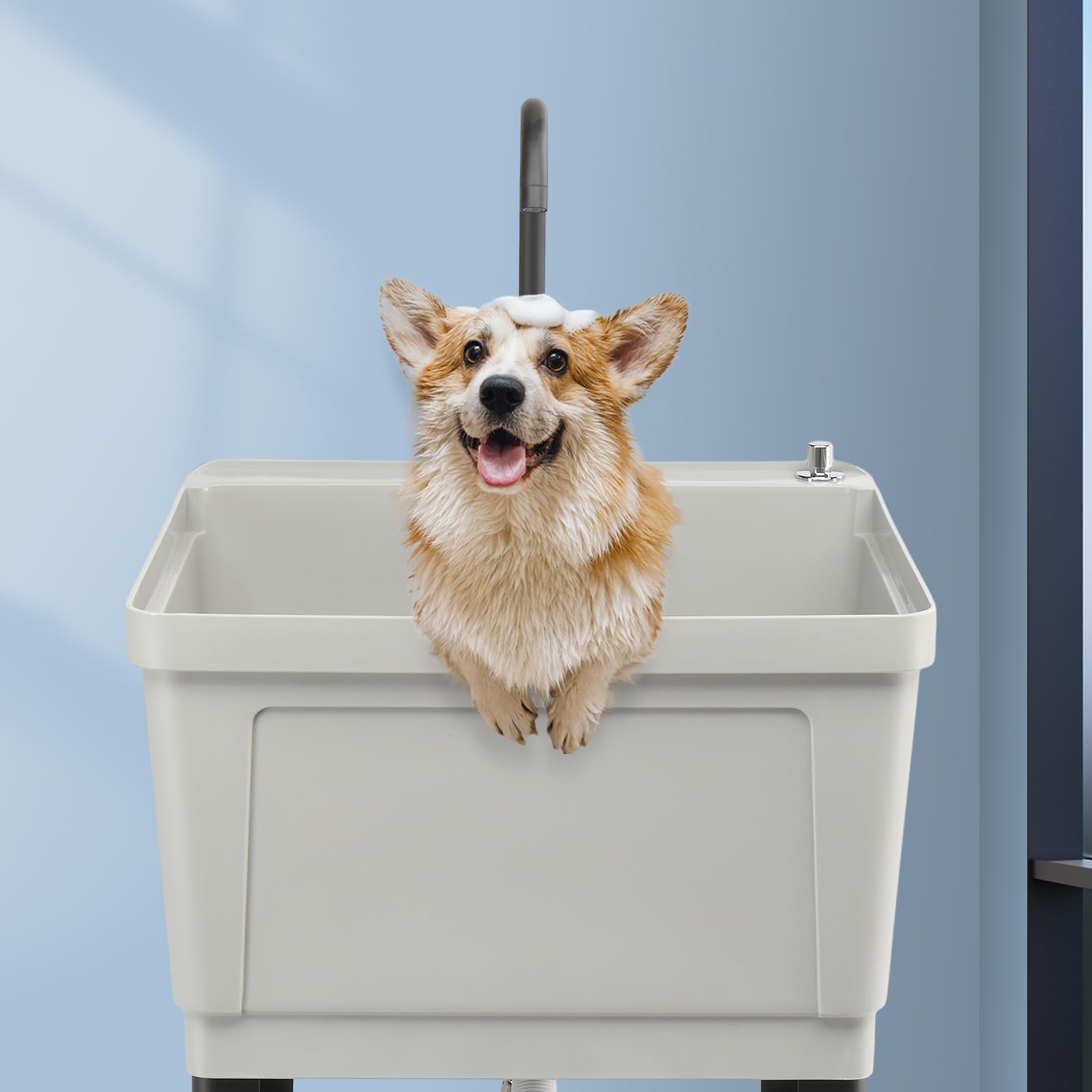 ROVSUN 24" X 24" Plastic Utility Sink with Faucet & Storage Shelf Gray