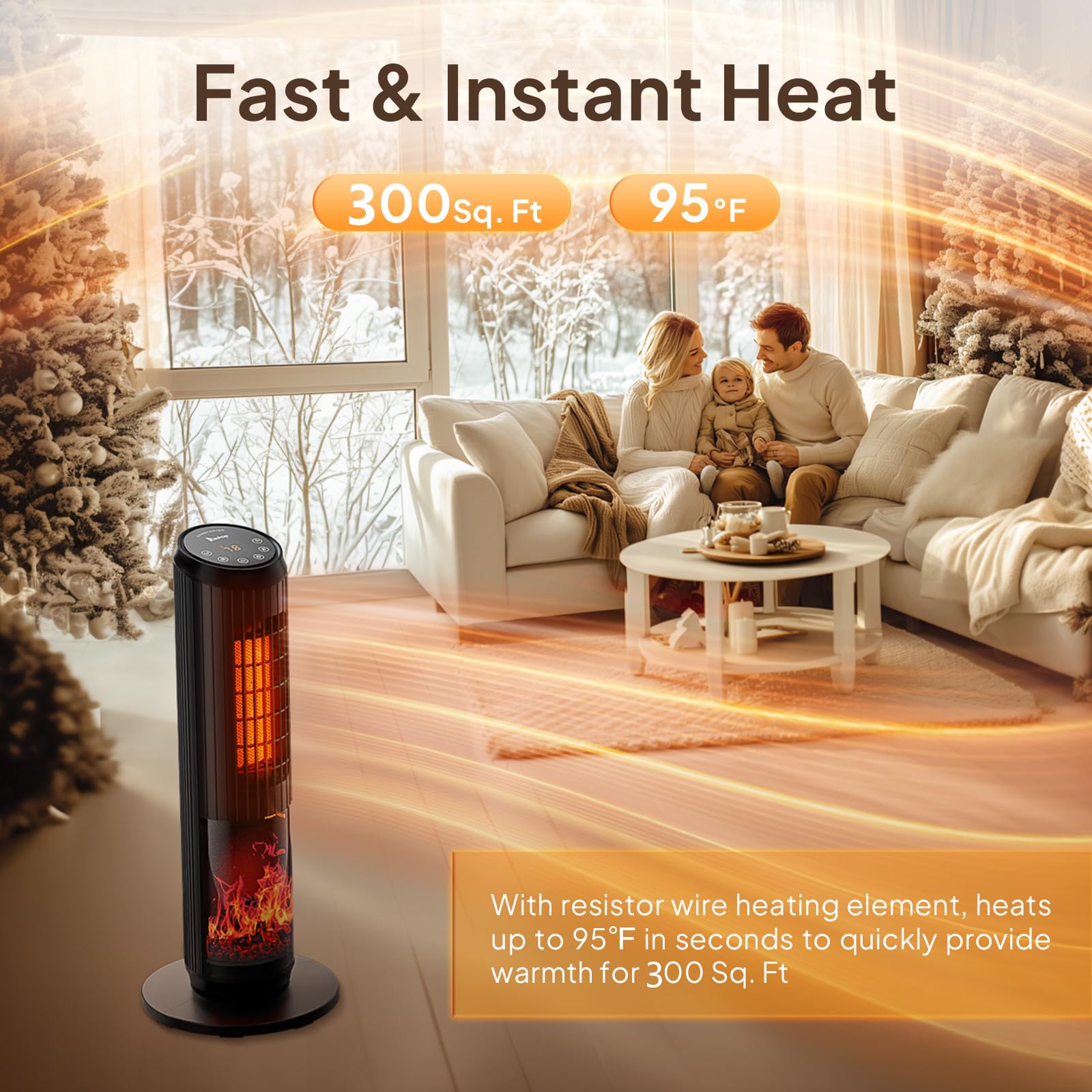 25"H 1500W 120V Electric Space Heater with Remote Black