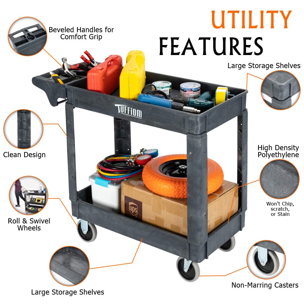 2-Tier 40" x 17" 550 lb. Capacity Plastic Utility Cart with Wheels Grey