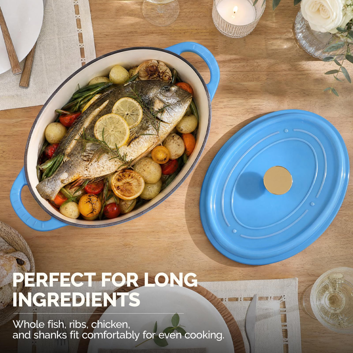 ROVSUN 7.5 QT Oval Enameled Cast Iron Dutch Oven Pot Blue