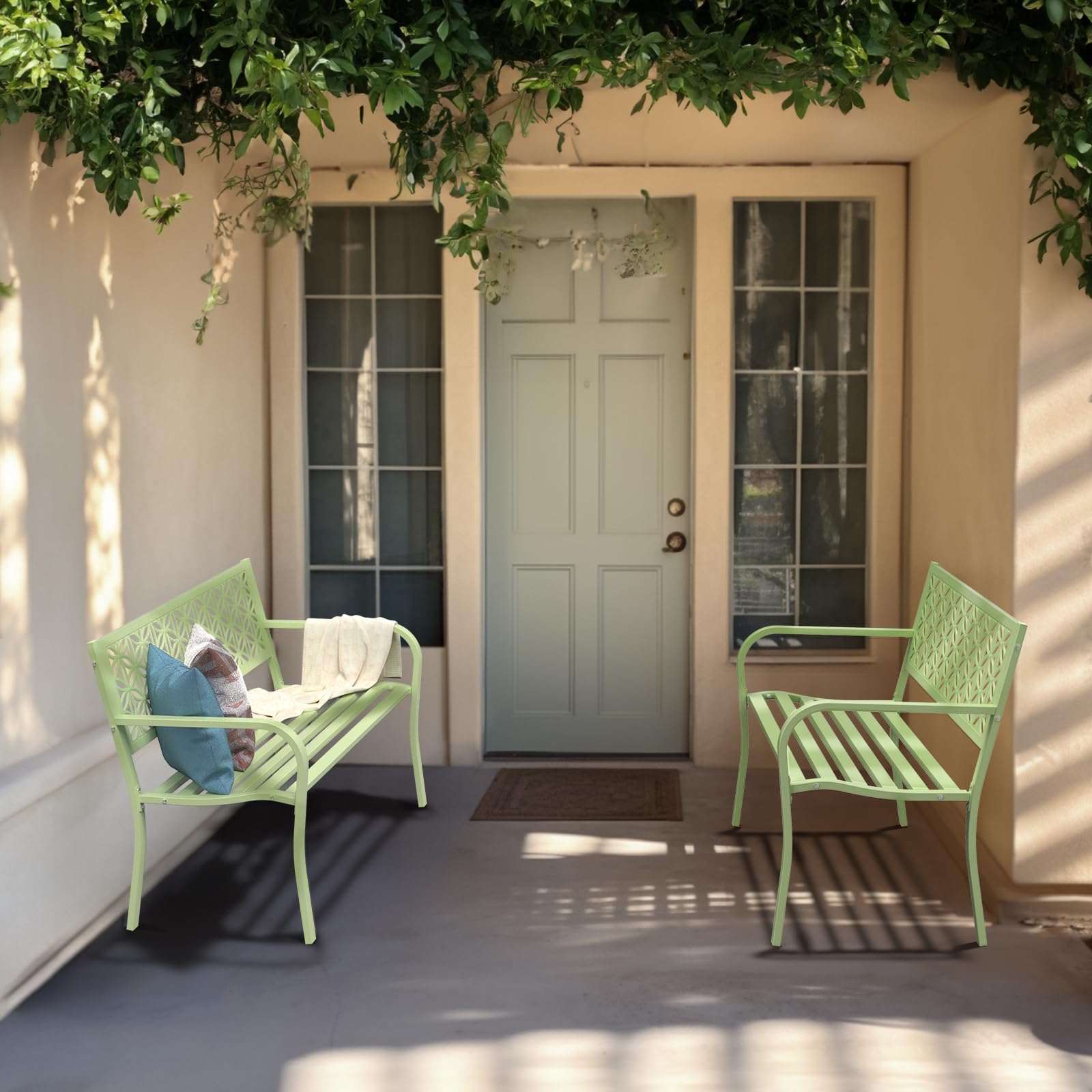 50" Outdoor Bench Metal with Floral Back Green