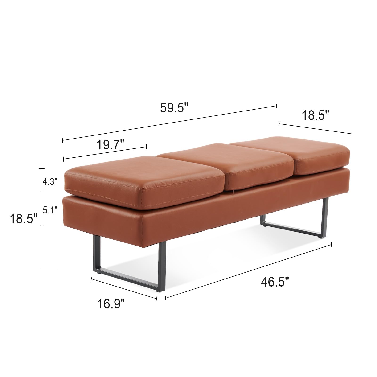 59.5" Waiting Chair Bench Seating Faux Leather Cognac