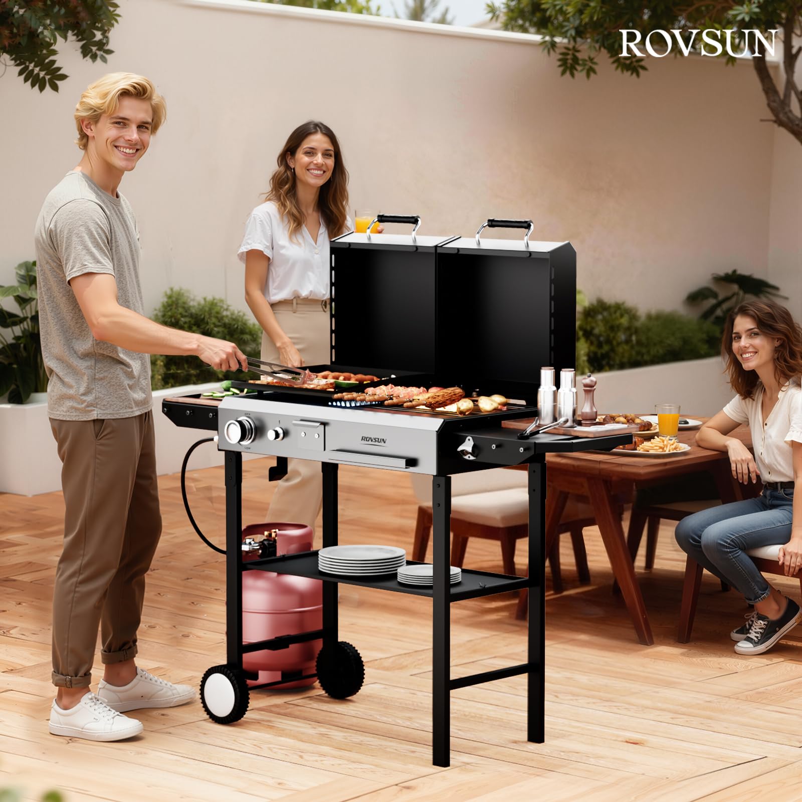 ROVSUN 2-in-1 Propane Grill and Charcoal Grill Combo with Lid