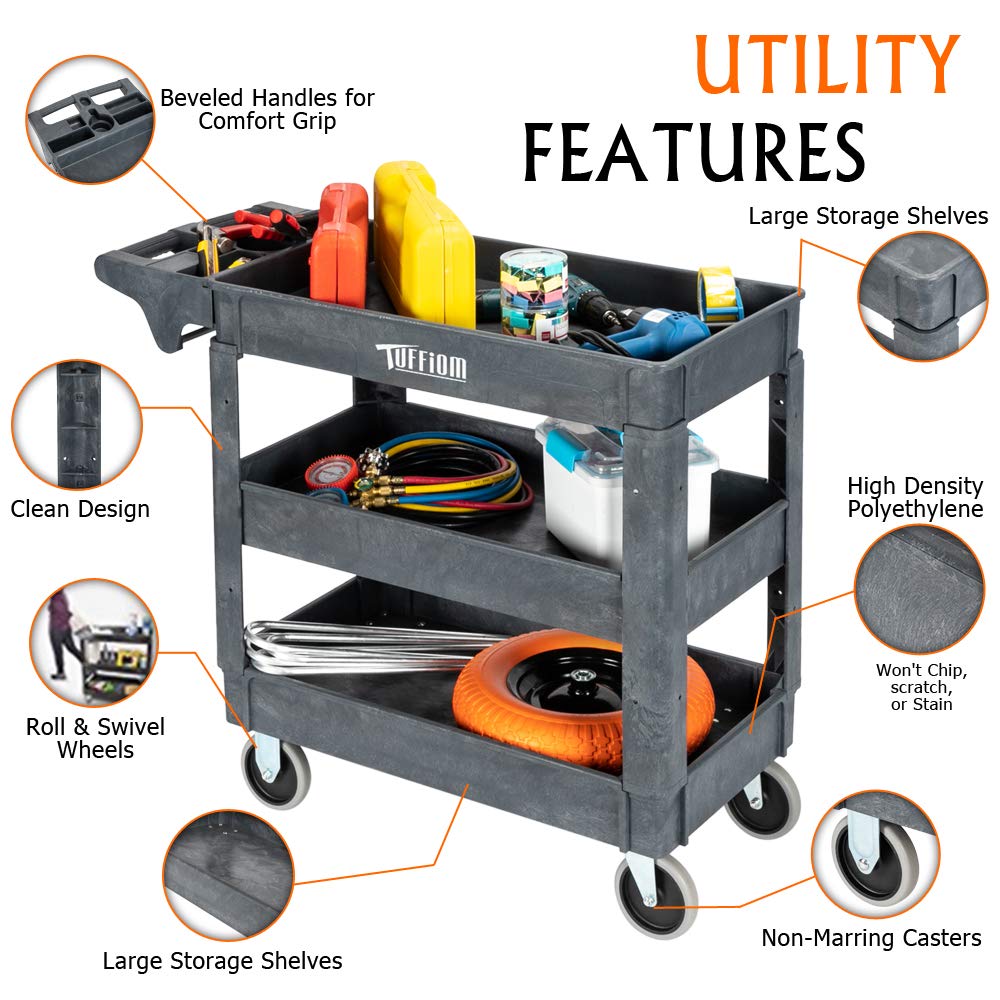 3-Tier 40" x 17" 550 lb. Capacity Plastic Utility Cart with Wheels Grey
