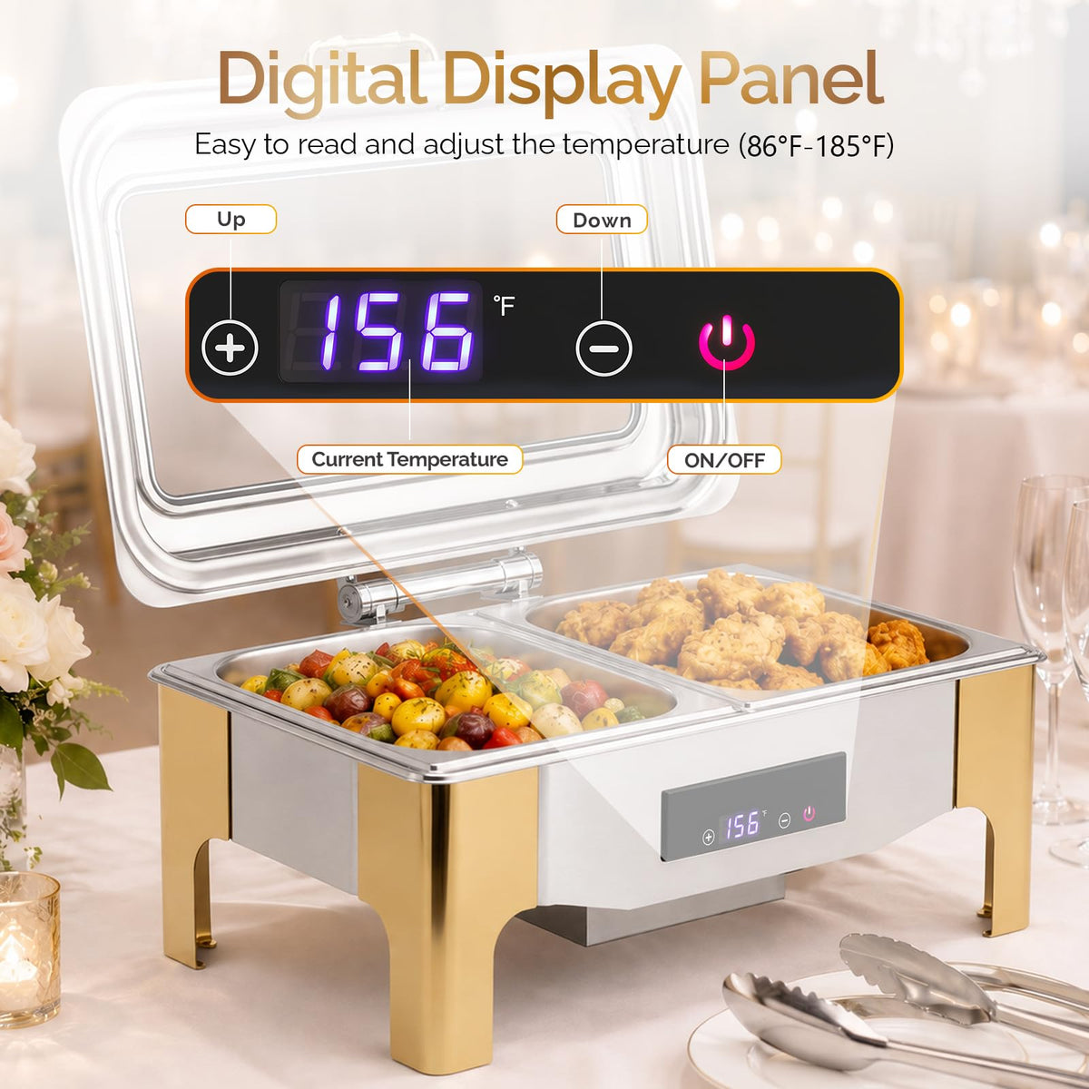 ROVSUN 9 QT Electric Silver-Gold Chafing Dish Buffet Set with Temp Display