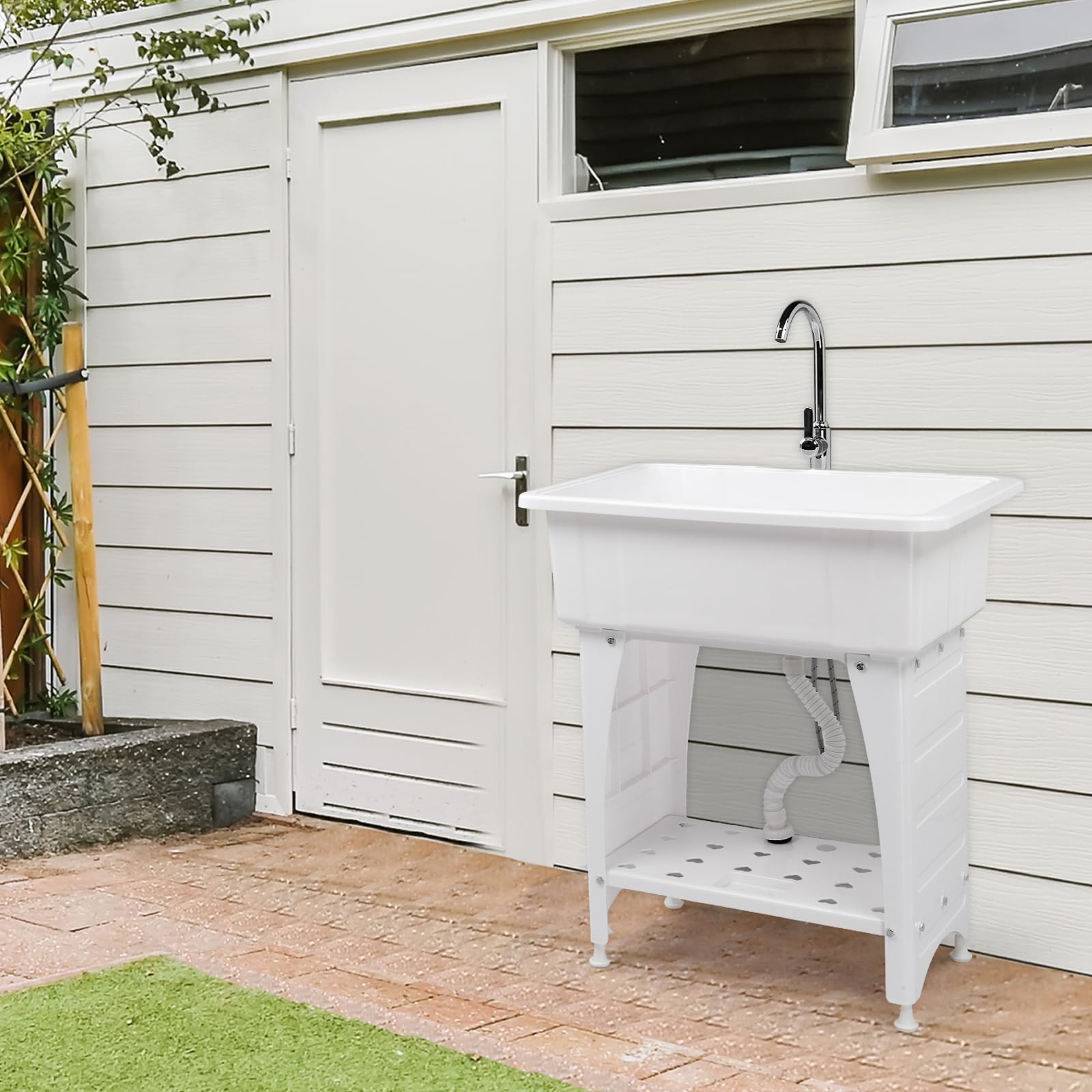 ROVSUN 32" x 22" Utility Sink Laundry Tub with Hot & Cold Faucet White