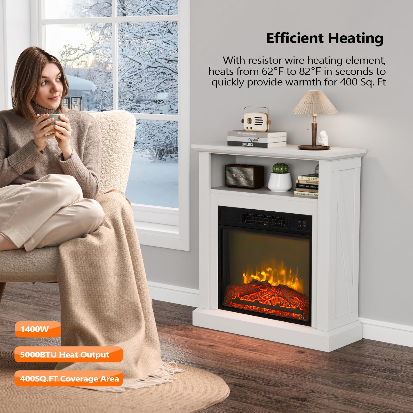 ROVSUN 30'' 1400W 120V Electric Fireplace with Mantel & Remote