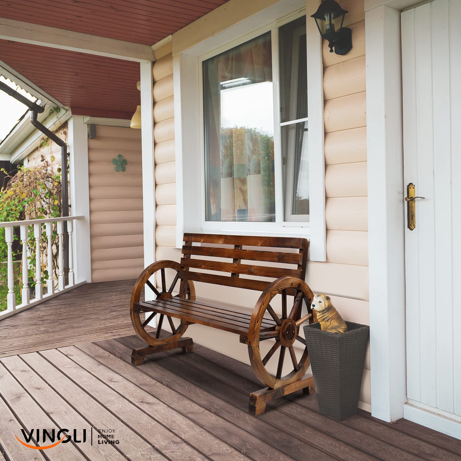 VINGLI 41 Outdoor Bench with Rustic Wooden Wheel