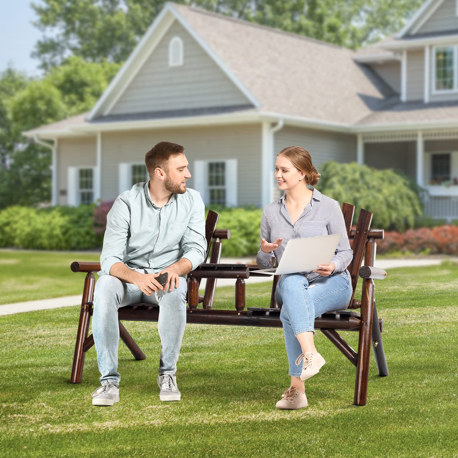61" Outdoor Bench Adirondack Bench with Built-in Table