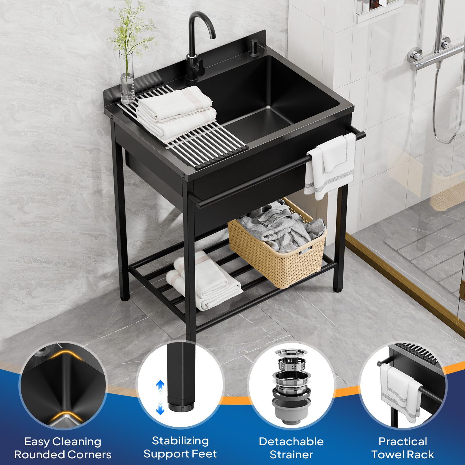ROVSUN 31" x 22" Stainless Steel Utility Sink with Faucet & Draining Rack