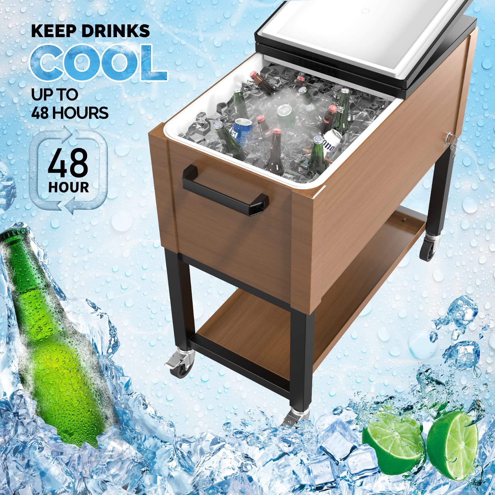 80 Quart Portable Outdoor Patio Rolling Cooler Cart Brown