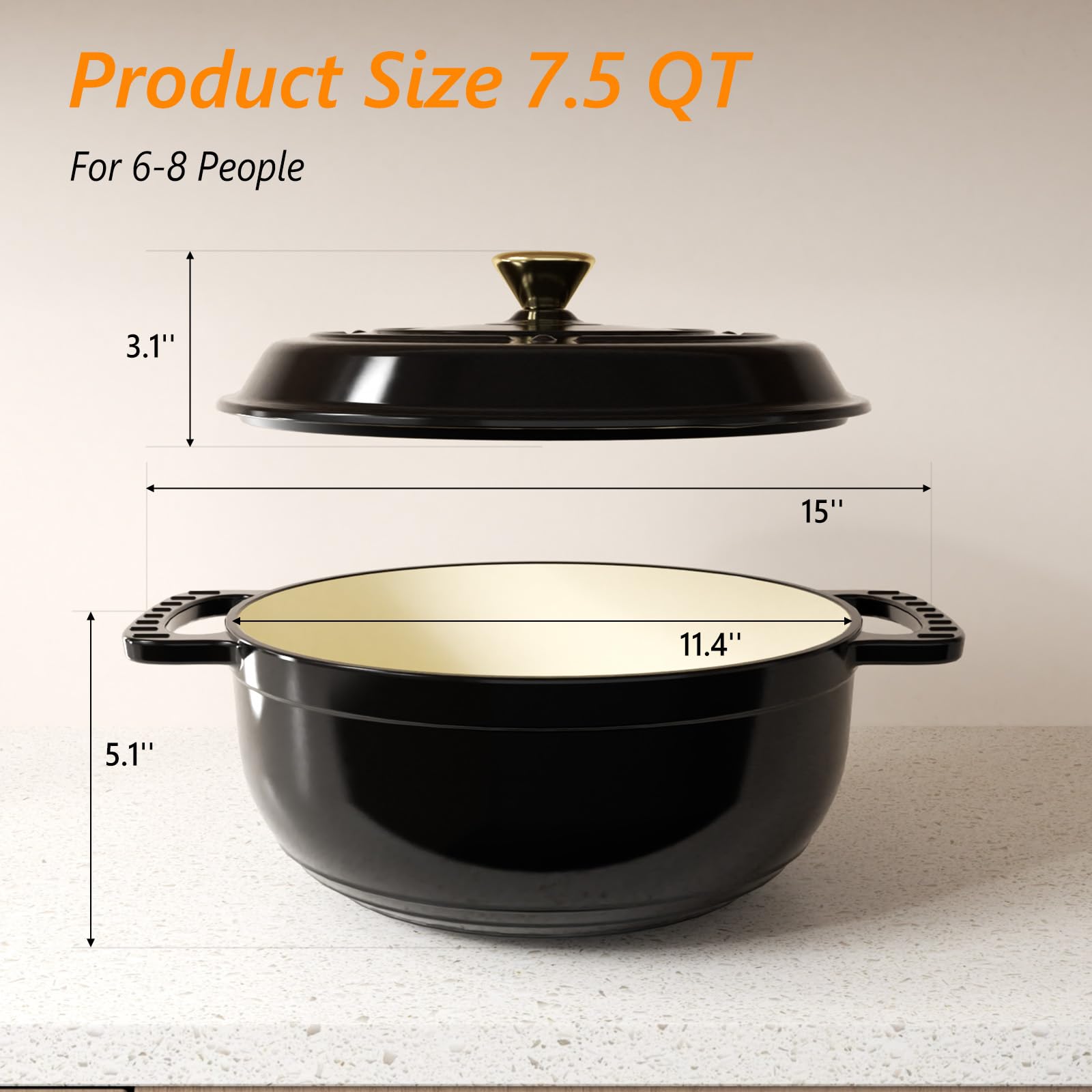 ROVSUN 7.5 QT Enameled Cast Iron Round Dutch Oven Black